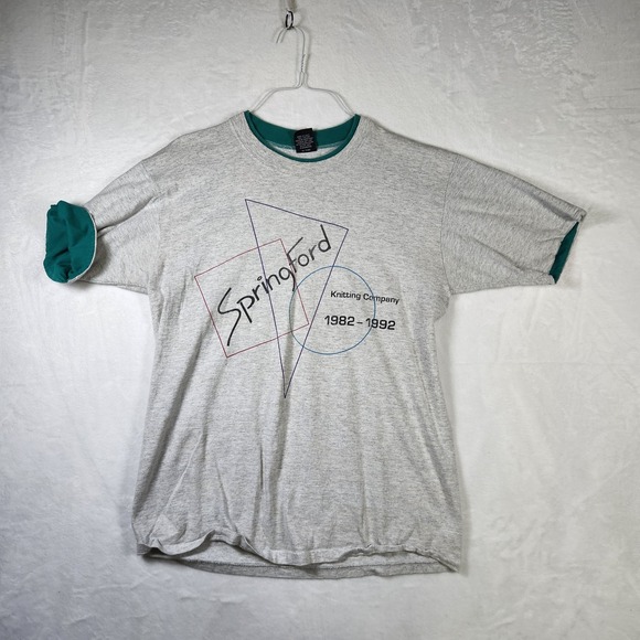 Vtg 90s SpringFord Knitting Co Tee L 1982–1992 MSP USA Gray Ringer Retro Graphic - Picture 1 of 7